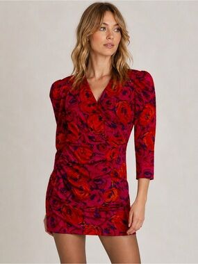 Flora Kung Vintage Silk Red and Pink Floral Wrap-Front Mini Dress size S